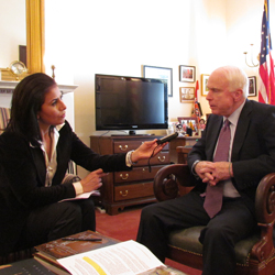 Sen. John McCain is interviewed by Radio Sawa's Lamia Rezgui. 