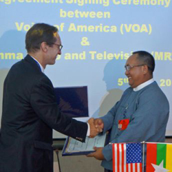 VOA Director David Ensor, left, with Thein Aung, Director General of Myanmar State Radio and Television