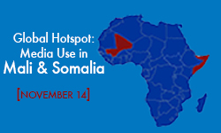 blue map of Farica with Mali and Somalia highlighted in red. Text of the event title
