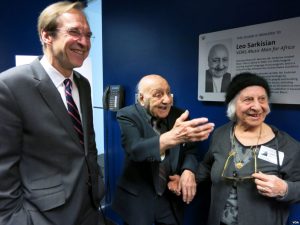 A cheerful Leo Sarkisian, his wife, Mary, and VOA Director David Ensor (left) enjoy the moment during a celebration that followed the naming of VOA Studio 23 in his honor. 