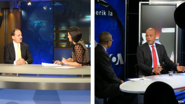 Split screen of two VOA shows in which the presidents of Haiti and Albania appeared